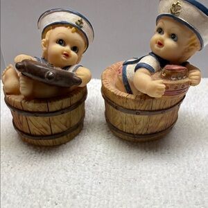 Pair of Ceramic Sailor Baby Figurines in Blue and Cream